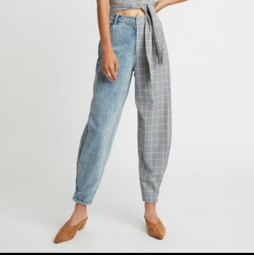 Mixed-Media High-Waist Pants in Light Blue and Gray - Women's